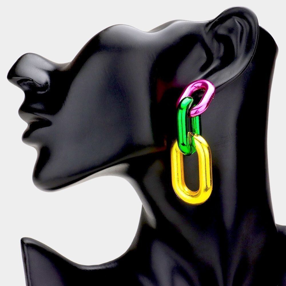Purple, Green, Yellow Gold Mardi Gras Triple Open Oval Link Drop Earrings